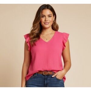 Three Dots /  Pink V-Neck cotton guaze top